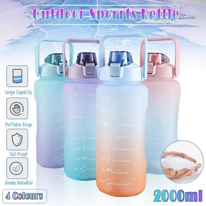 2L Large Water Bottle Straw Time Gradient Cup Fitness Jugs Sport Gym Training - Green