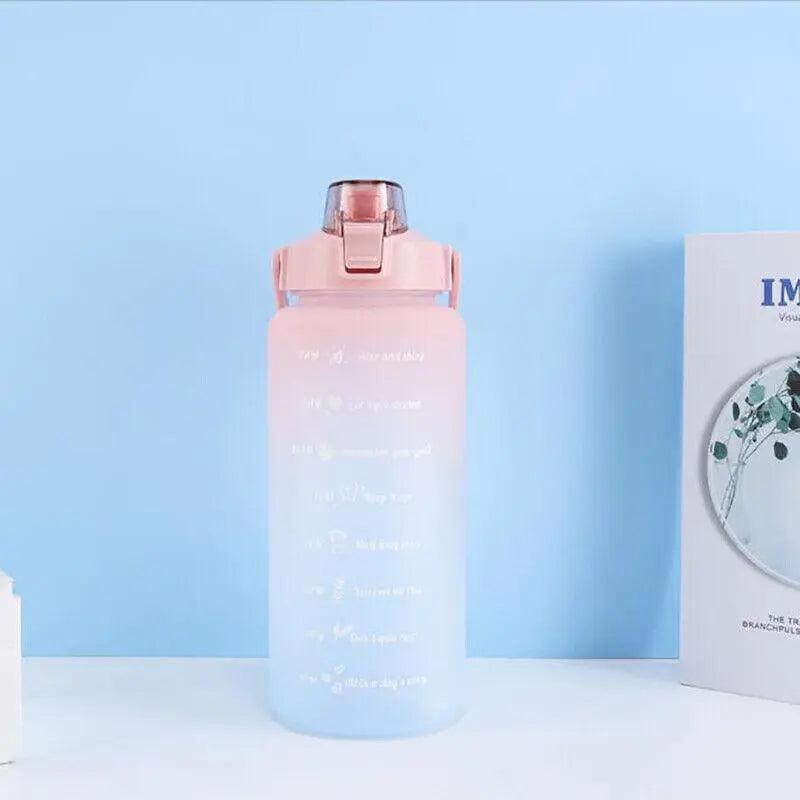 2L Large Water Bottle Straw Time Gradient Cup Fitness Jugs Sport Gym Training - Pink