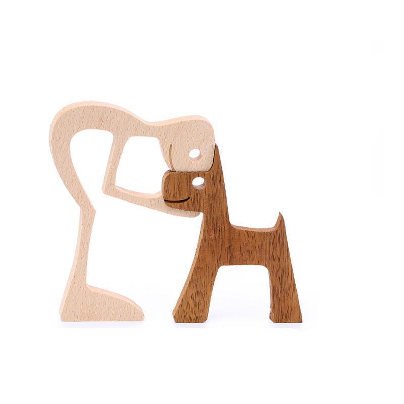 Handmade Wooden Statue Sitting Family and Dog Craft Home Decor - B02
