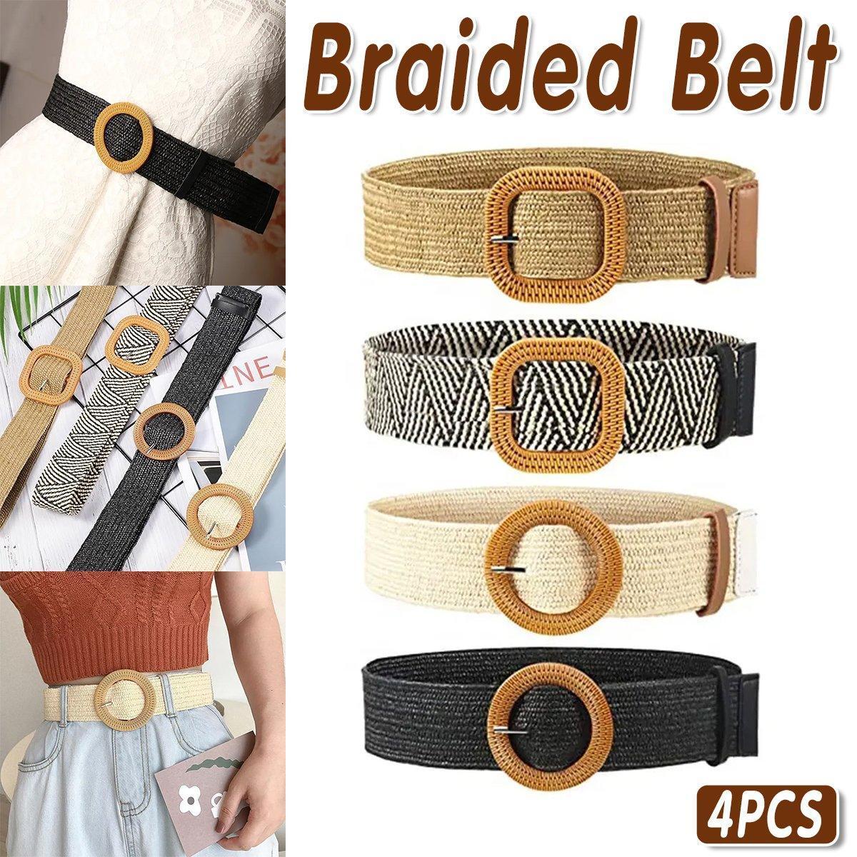 4PCS Womens Woven Cotton Linen Belt Set Round Square Buckle Long Shirt Dress