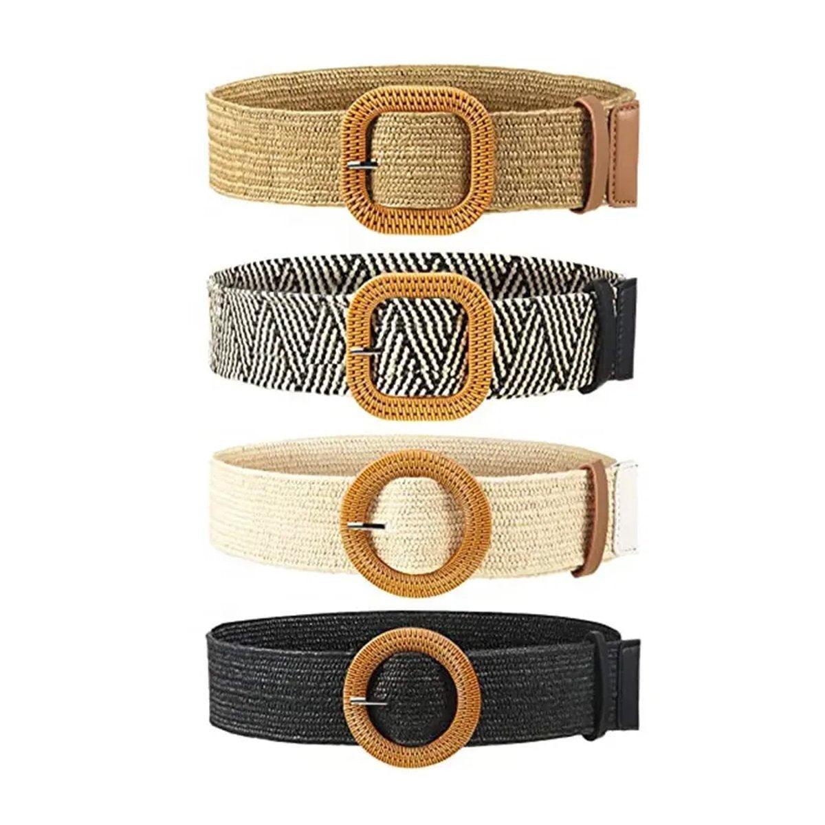 4PCS Womens Woven Cotton Linen Belt Set Round Square Buckle Long Shirt Dress