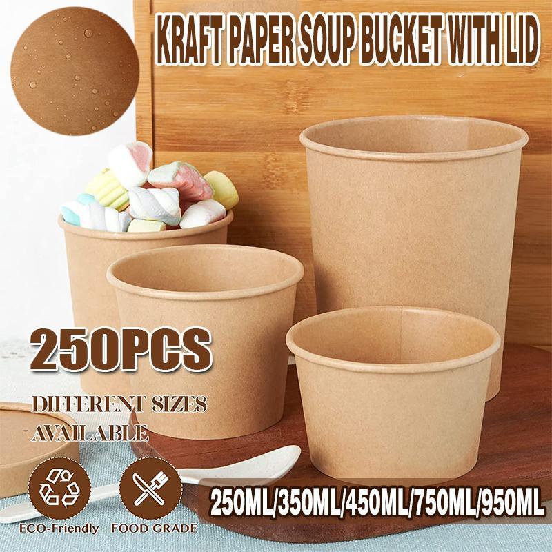 250x Biodegradable Kraft Paper Soup Bucket with Lid Takeaway Tubs Cups - 250ML (8OZ)
