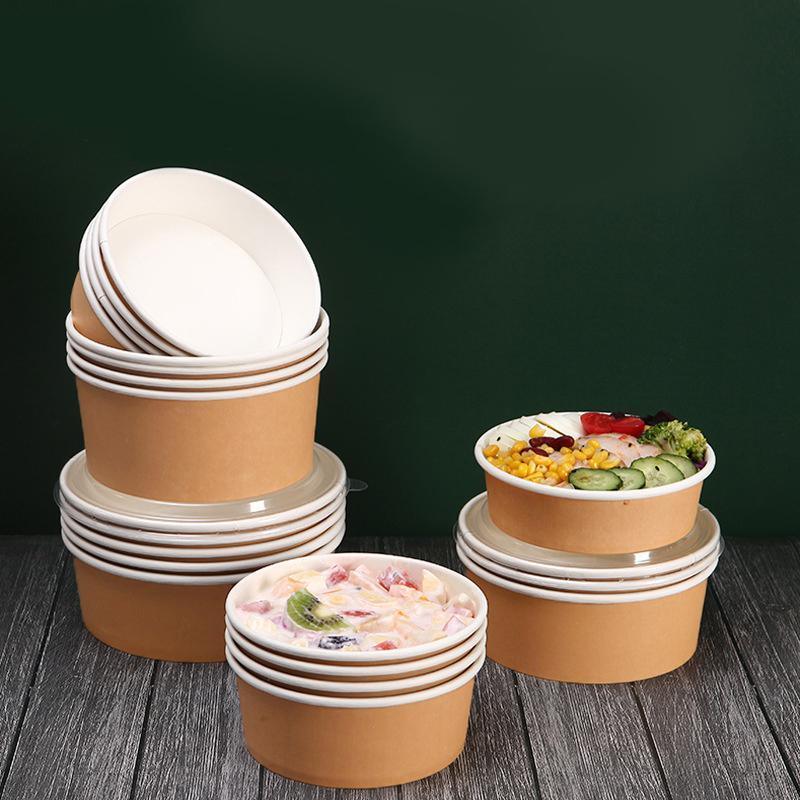 Take-Away Kraft Paper Salad Bowl Food Grade Takeout Tableware Food Bowl With Lid - 750ML