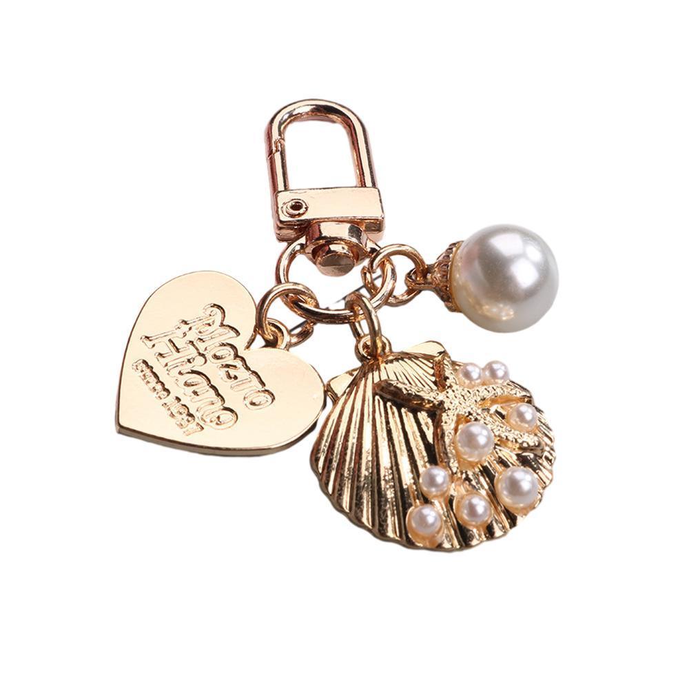Womens Cute Key Rings Shell Heart Pearl Shape Keychain Charm Bag Hanger Pendants - D