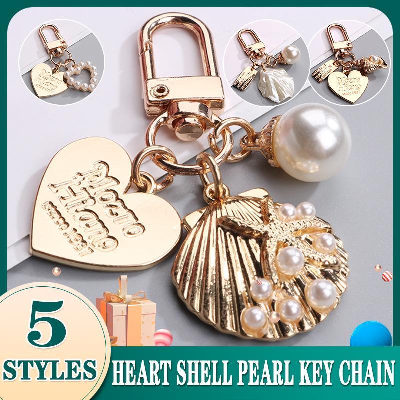 Womens Cute Key Rings Shell Heart Pearl Shape Keychain Charm Bag Hanger Pendants - C
