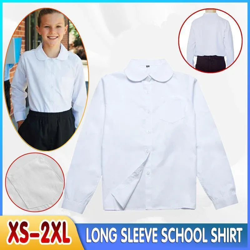 White Girls Peter Pan Collar Long Sleeve School Shirt with two button Adjustable Cuff - XL