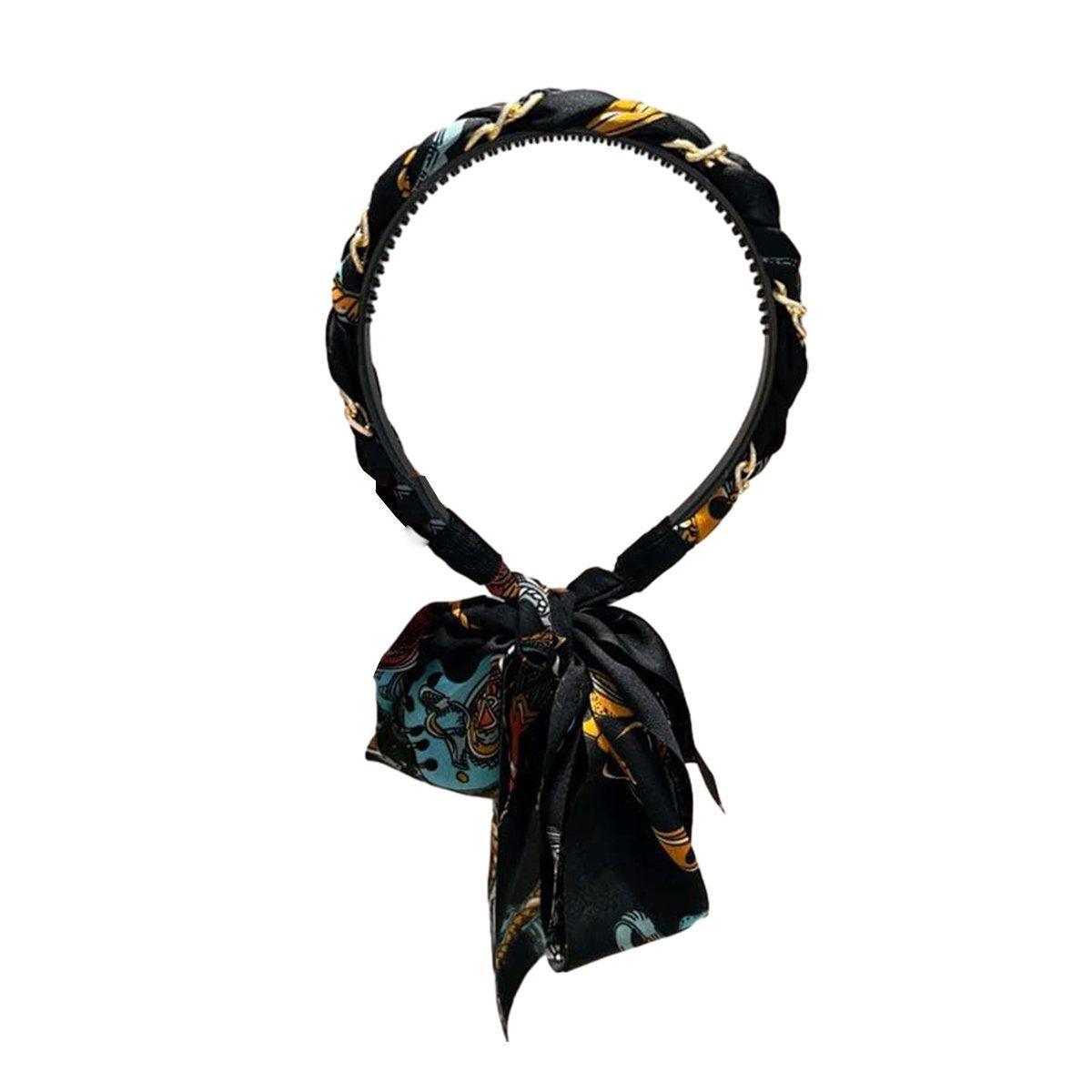 Chains patterned satin headband with Long Scarf Headband Scarf Hair Accessories - Black