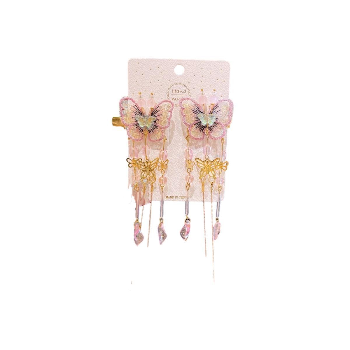 2Pcs Hanfu Flower Hair Clip with Pearl Tassel Butterfly Hairpin for Women and Girls Party - E002