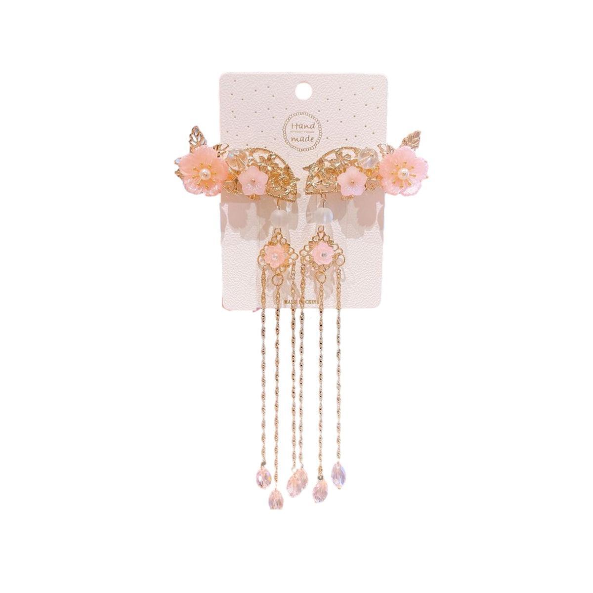 2Pcs Hanfu Flower Hair Clip with Pearl Tassel Butterfly Hairpin for Women and Girls Party - E002