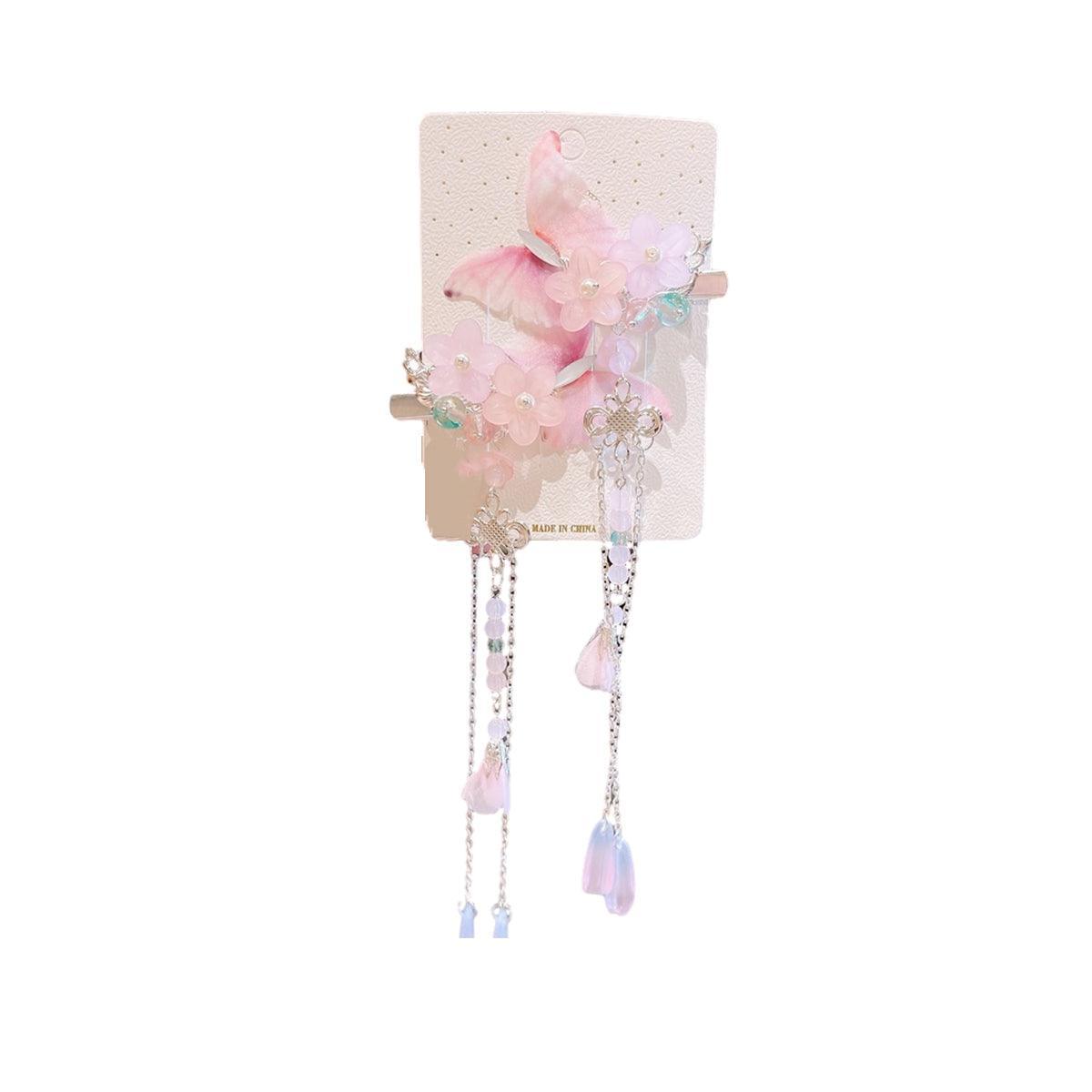 2Pcs Hanfu Flower Hair Clip with Pearl Tassel Butterfly Hairpin for Women and Girls Party - E002