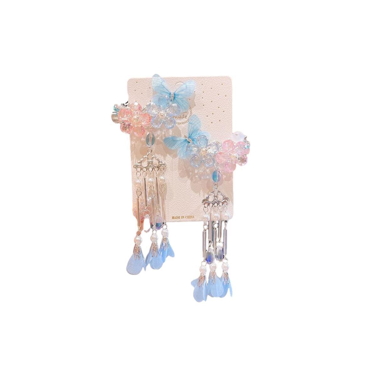 2Pcs Hanfu Flower Hair Clip with Pearl Tassel Butterfly Hairpin for Women and Girls Party - 1