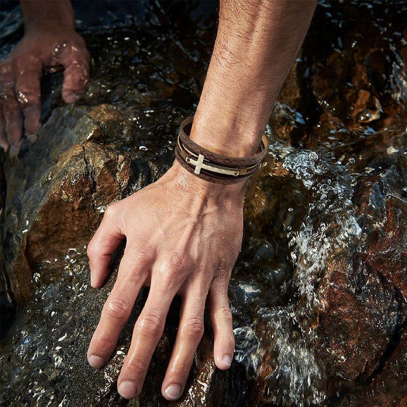 Men Cross Bracelet Multi-Layer Leather Wristband Stainless Steel Stylish Gift - Coffee