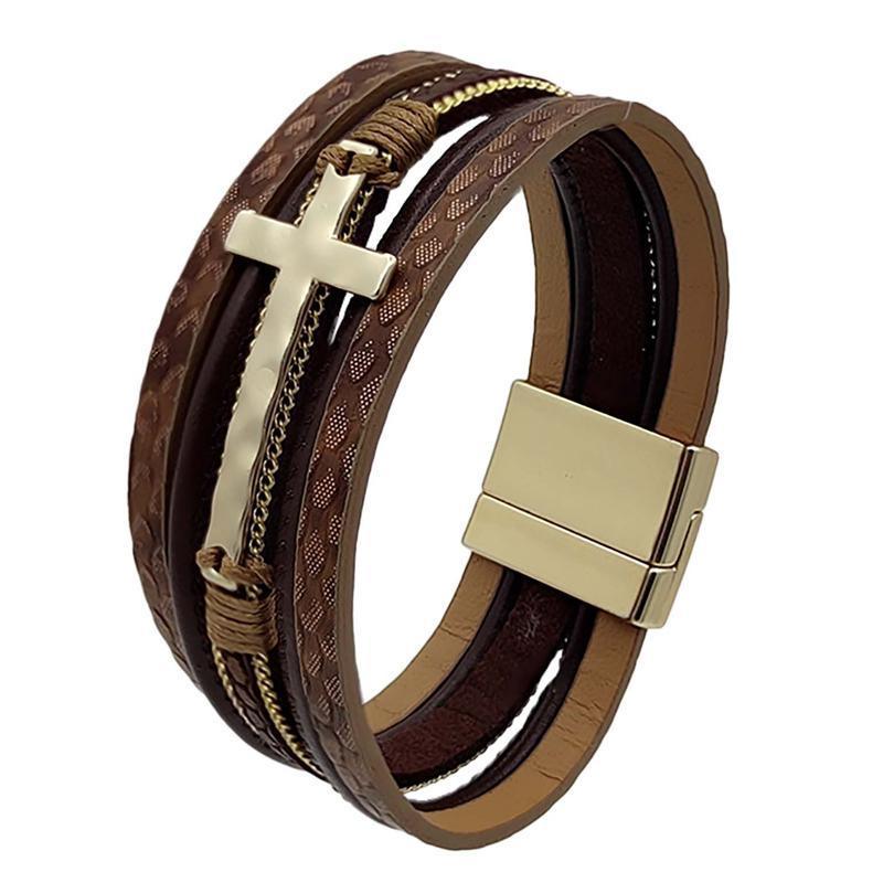 Men Cross Bracelet Multi-Layer Leather Wristband Stainless Steel Stylish Gift - Coffee