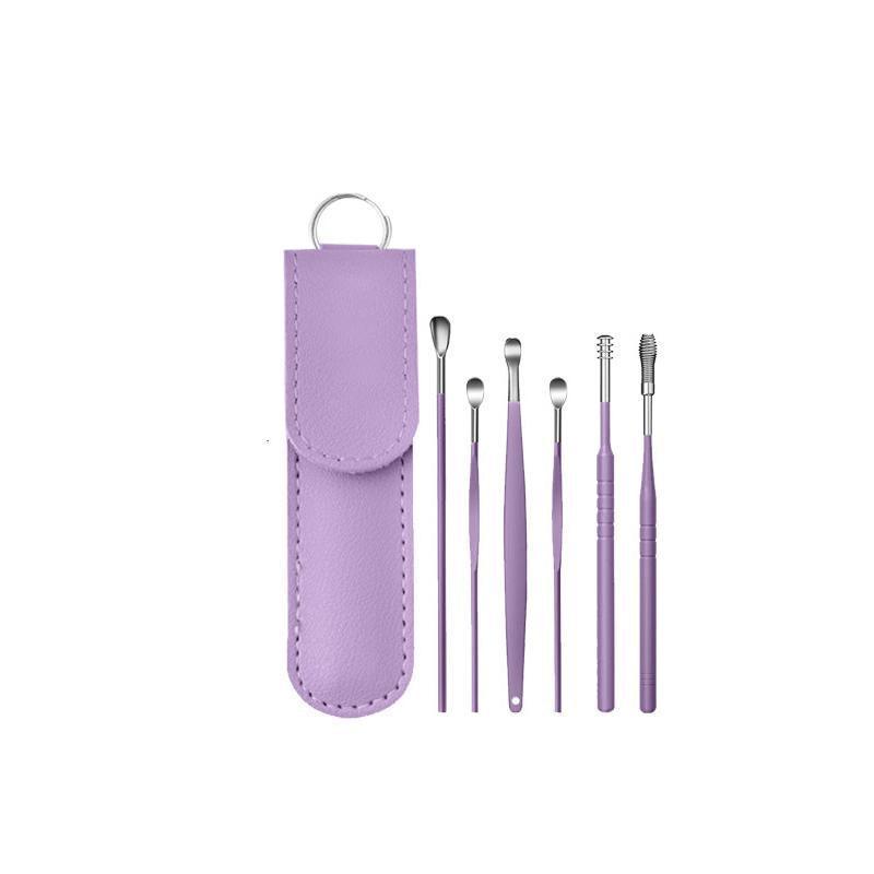 6Pcs Earpick Ear Wax Curette Ear Cleaner Remover Spoon Ear Cleaning Tool Kit - Black+Sliver