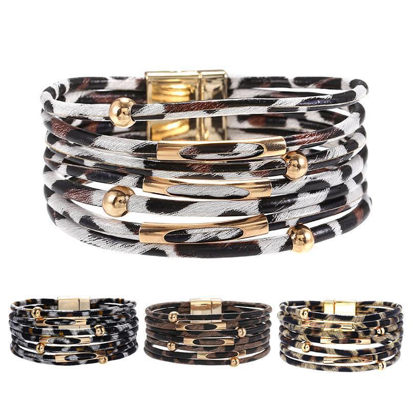 Fashion Snap Lock Leather Bohemian Leopard Print Bangle Stylish Bracelet Gift - White