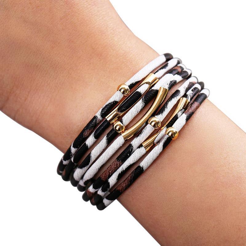 Fashion Snap Lock Leather Bohemian Leopard Print Bangle Stylish Bracelet Gift - White