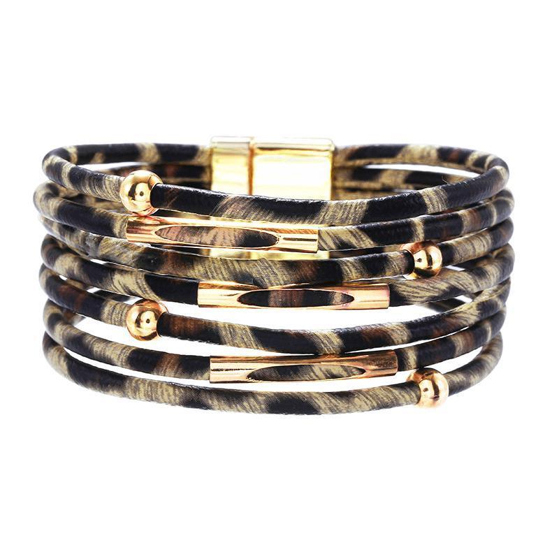 Fashion Snap Lock Leather Bohemian Leopard Print Bangle Stylish Bracelet Gift - White