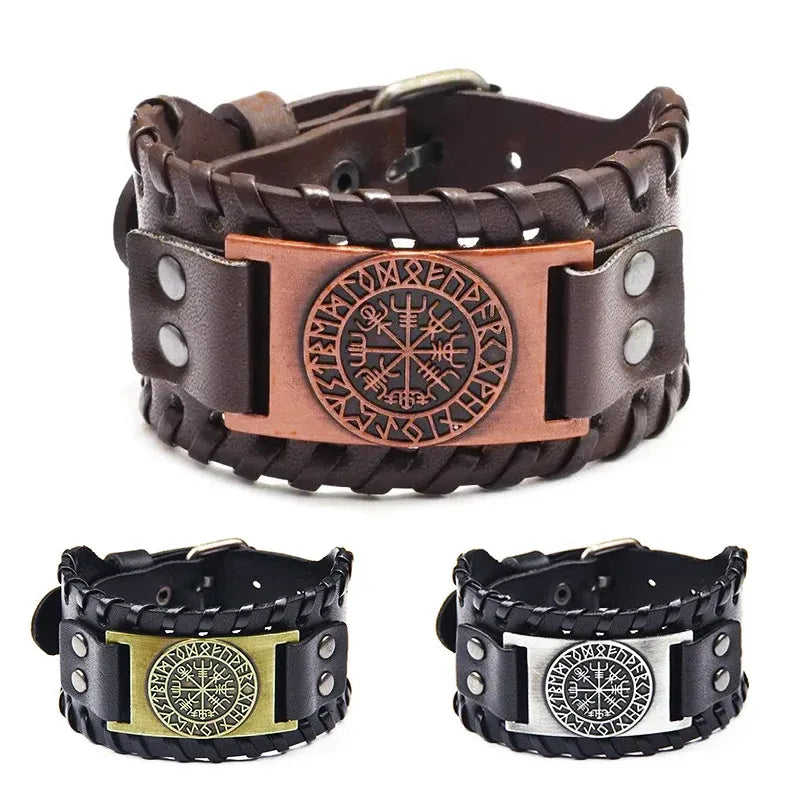 Viking Compass Leather Bracelet Men Adjustable PU Leather Cuff Runes Wristband - Silver