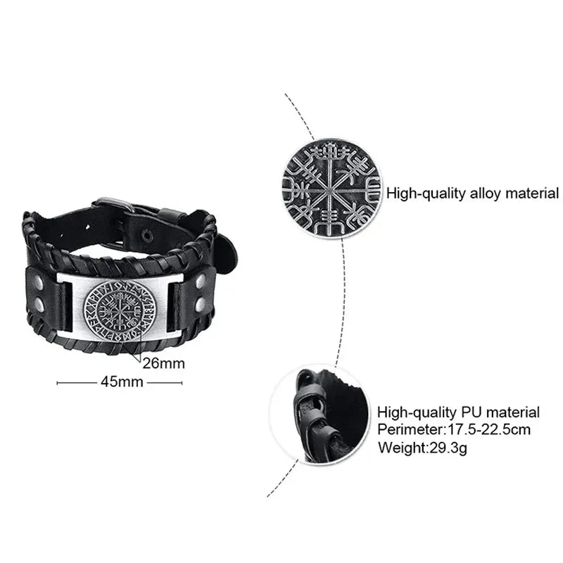 Viking Compass Leather Bracelet Men Adjustable PU Leather Cuff Runes Wristband - Silver