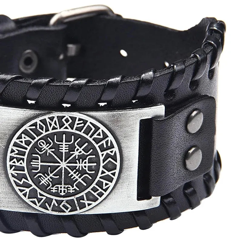 Viking Compass Leather Bracelet Men Adjustable PU Leather Cuff Runes Wristband - Silver