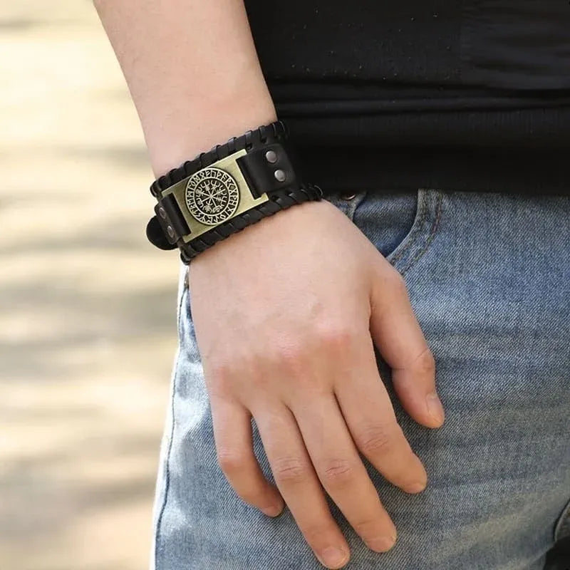Viking Compass Leather Bracelet Men Adjustable PU Leather Cuff Runes Wristband - Silver