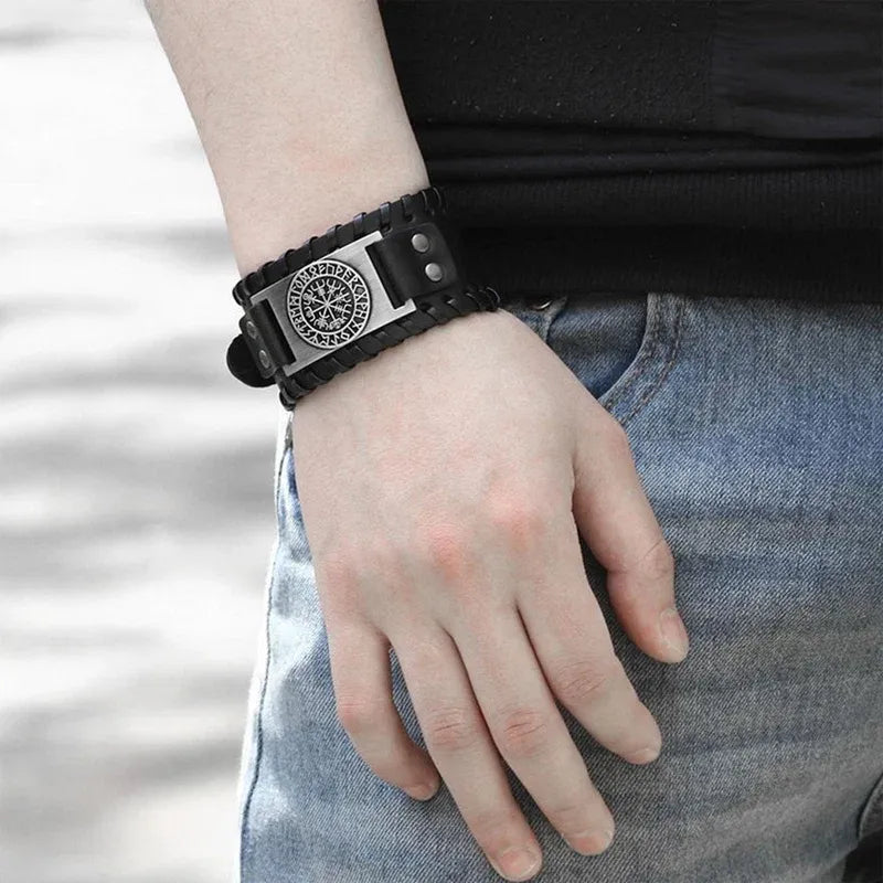 Viking Compass Leather Bracelet Men Adjustable PU Leather Cuff Runes Wristband - Silver