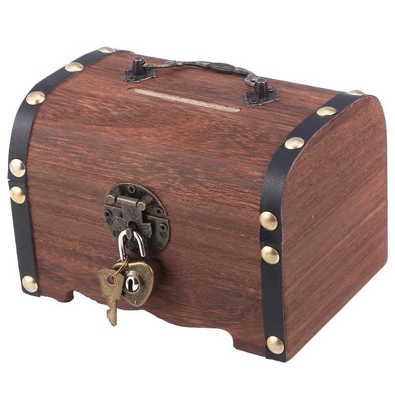 Wooden Treasure Chest Retro Money Storage Box Case Coin Piggy Bank Organizer