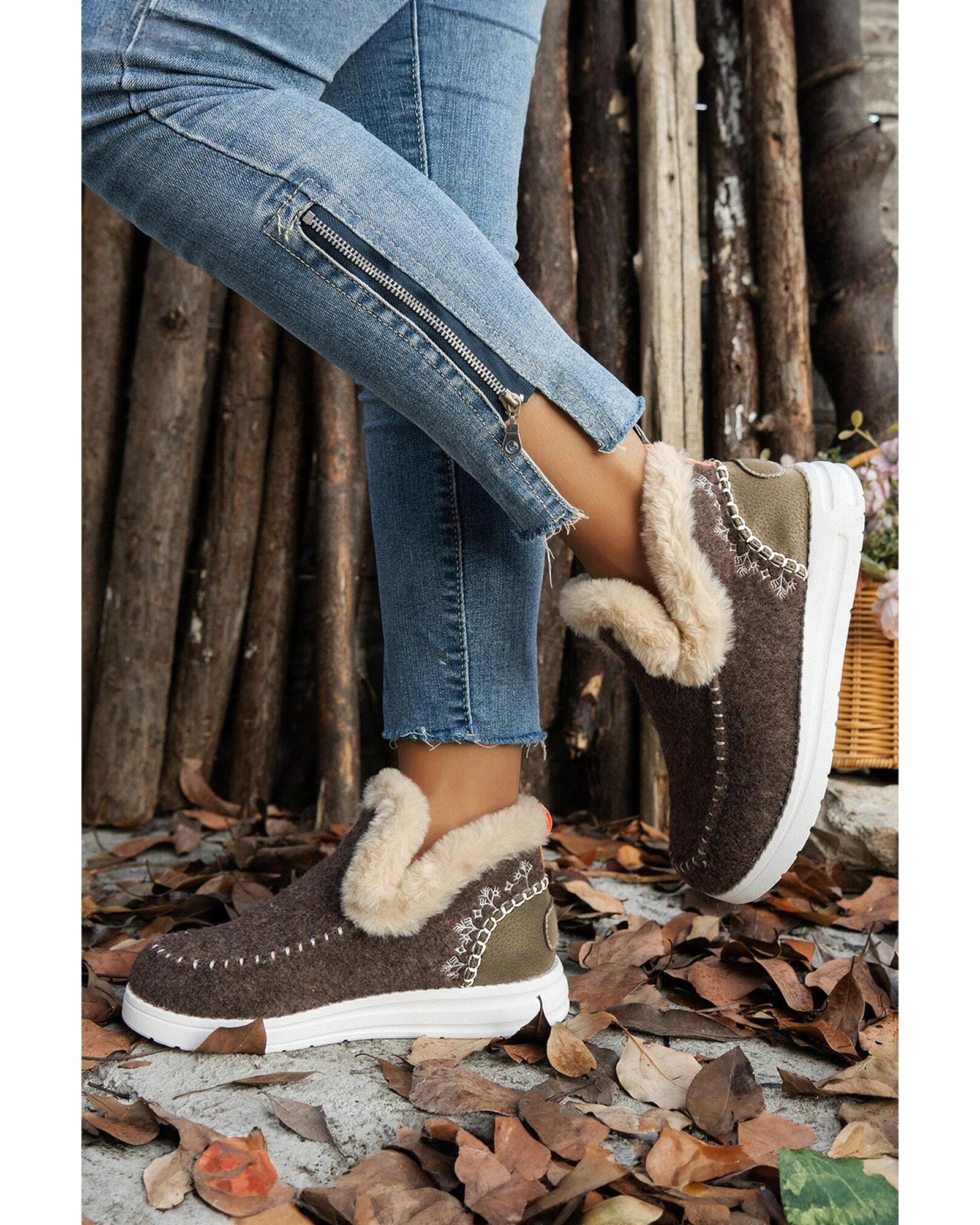 Coffee Suede Stitching Patchwork Plush Lined Anklet Boots - 40 EU