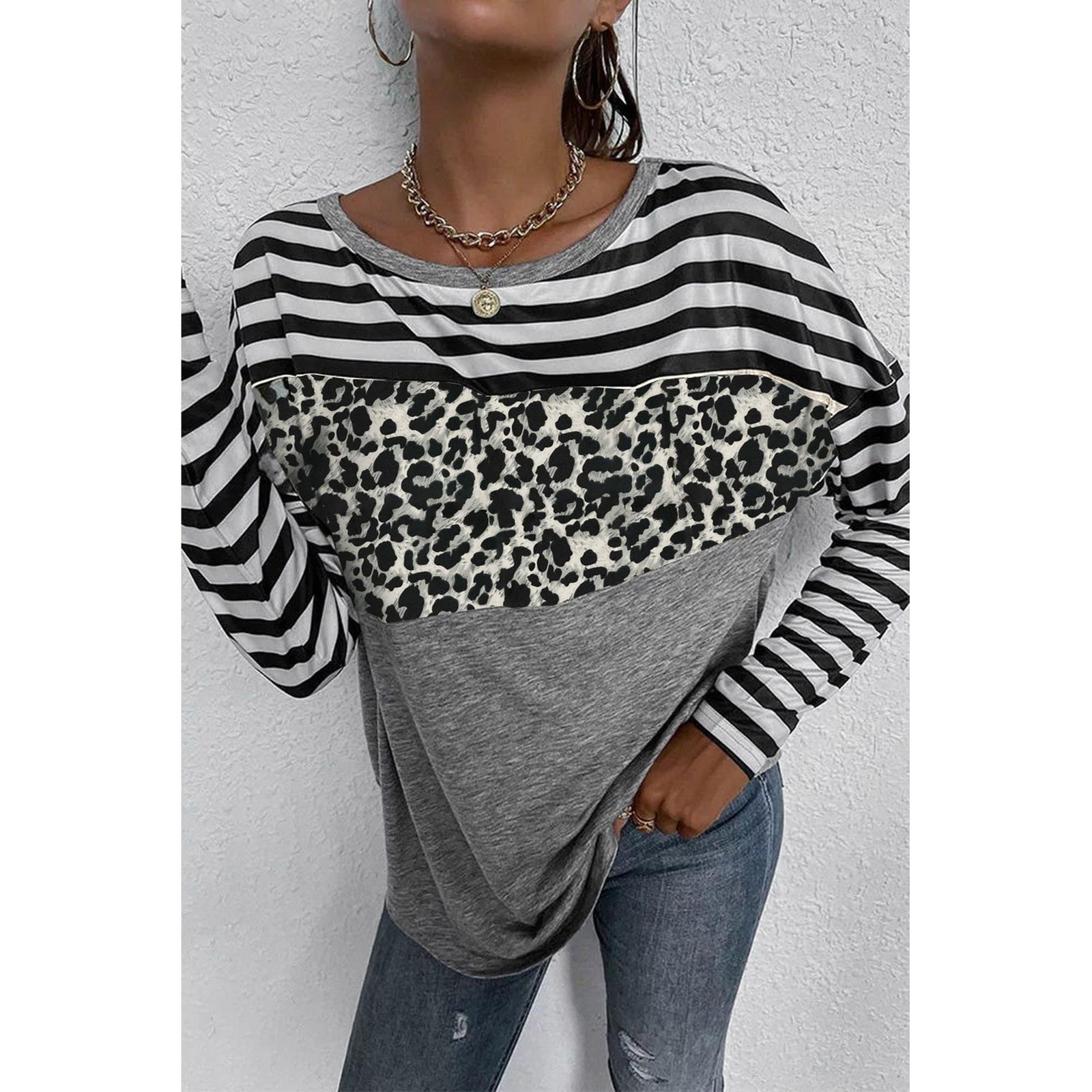 Azura Exchange Leopard Block Splicing Long Sleeve Top - S