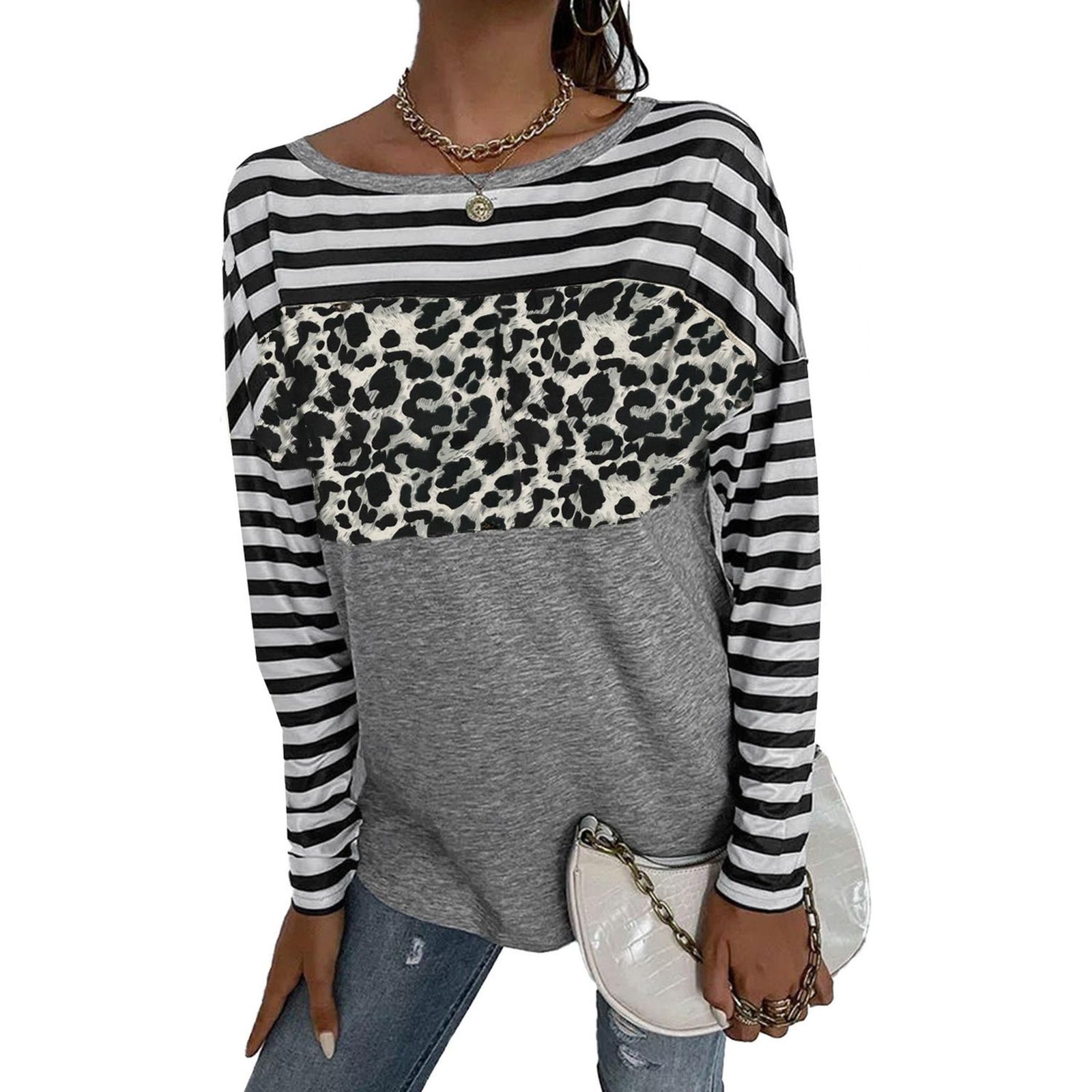 Azura Exchange Leopard Block Splicing Long Sleeve Top - S