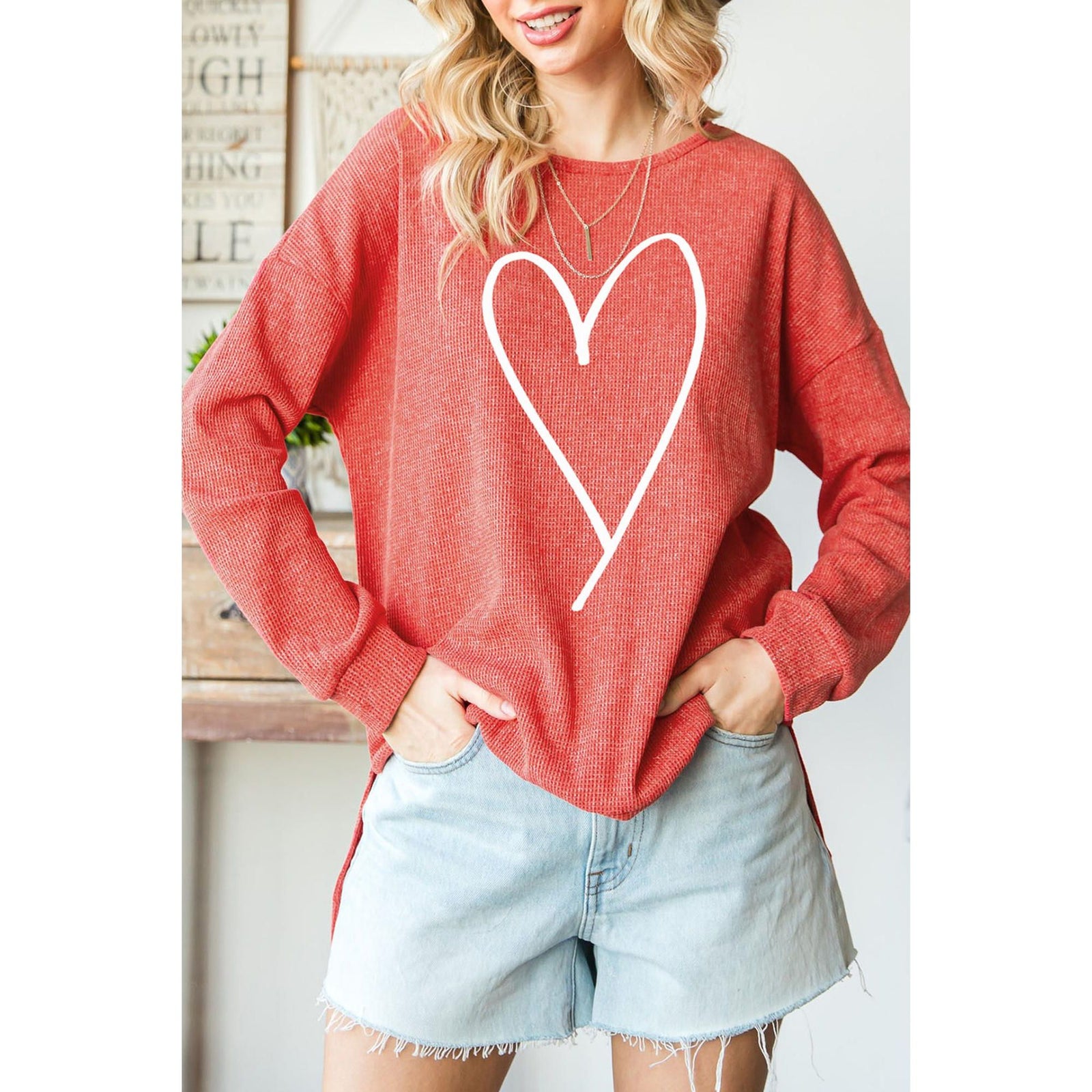 Azura Exchange Waffle Knit High Low Long Sleeve Top - XL