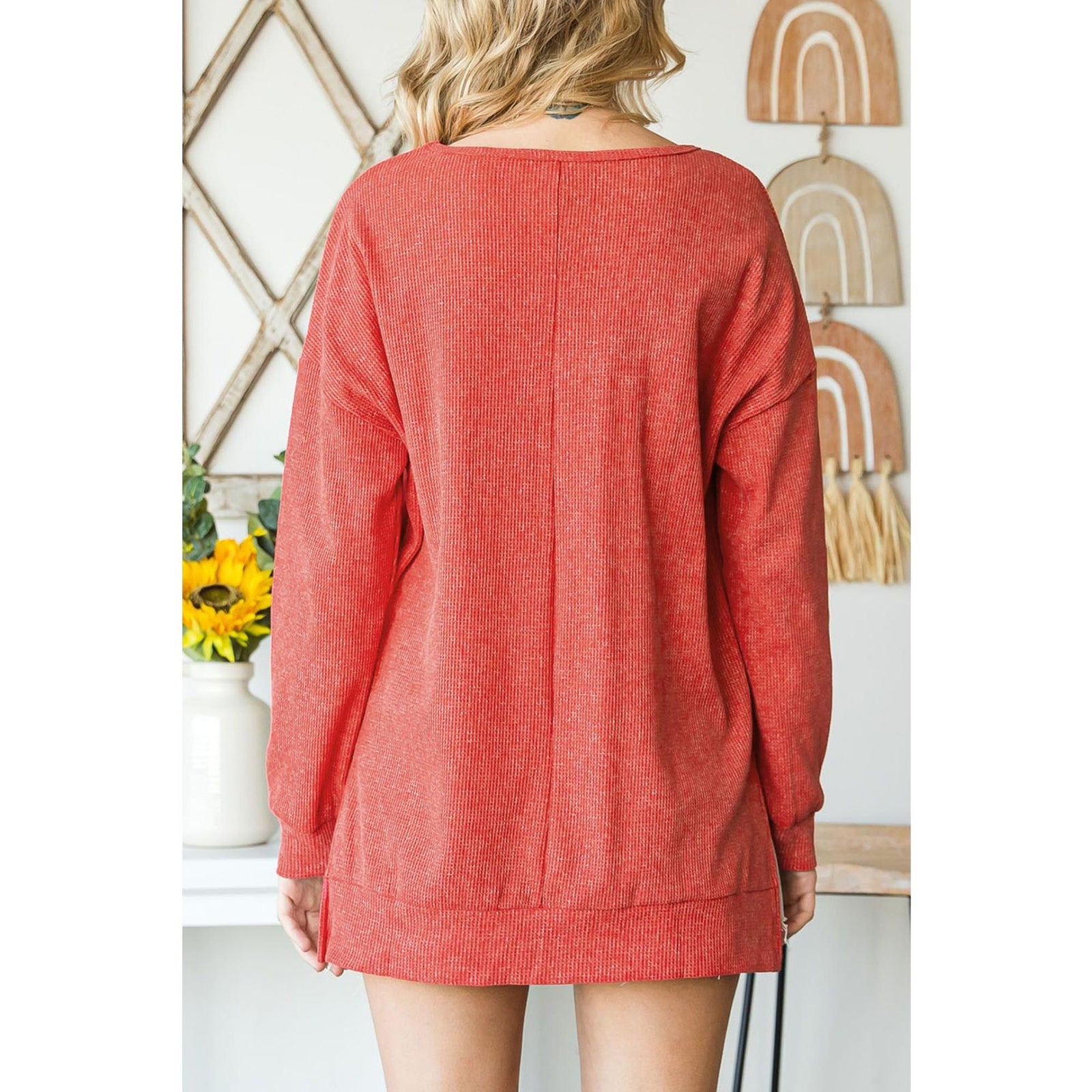 Azura Exchange Waffle Knit High Low Long Sleeve Top - XL