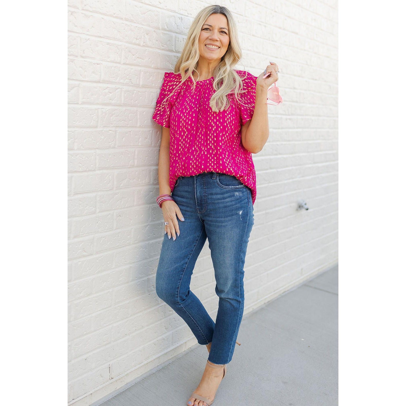 Azura Exchange Dotted Gold Stamp Tiered Ruffled Top - M