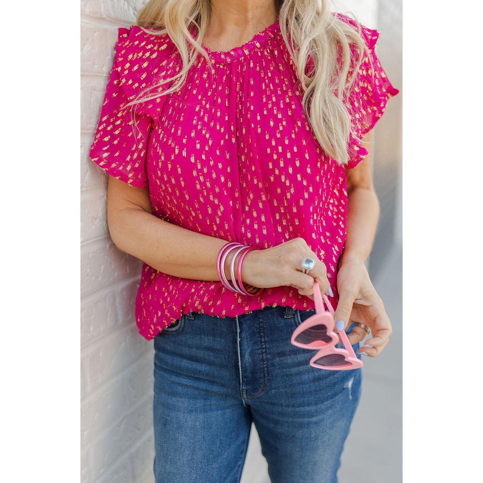 Azura Exchange Dotted Gold Stamp Tiered Ruffled Top - M