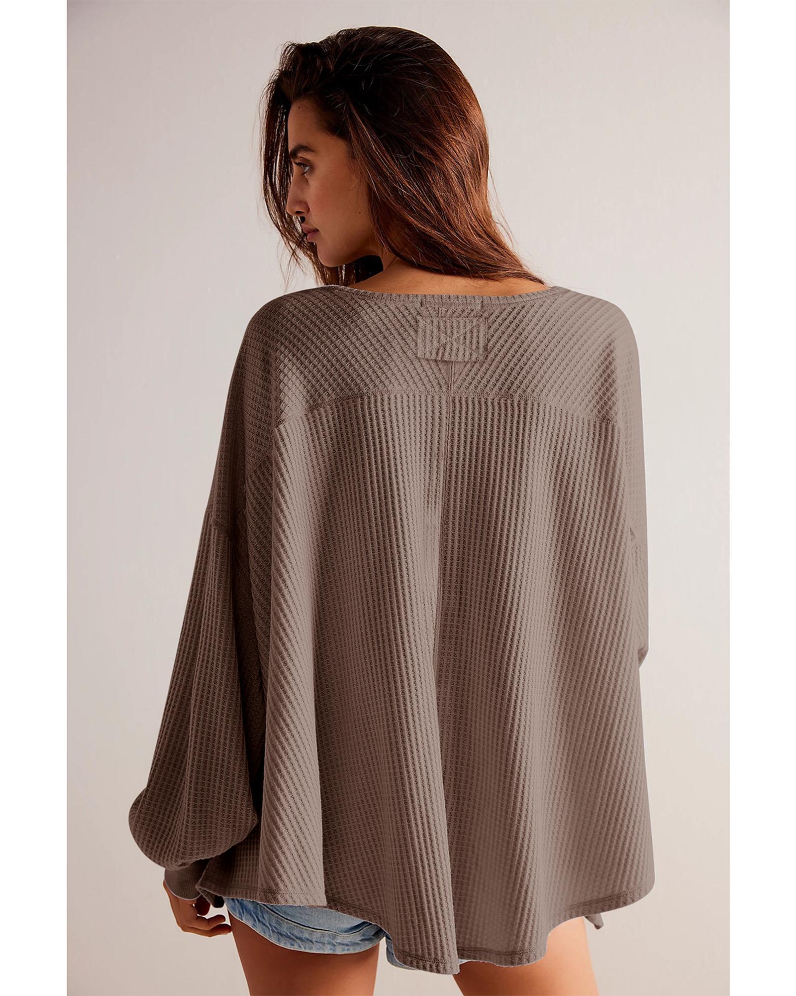 Coffee Waffle V Neck Long Sleeve Drop Shoulder Loose Blouse - S