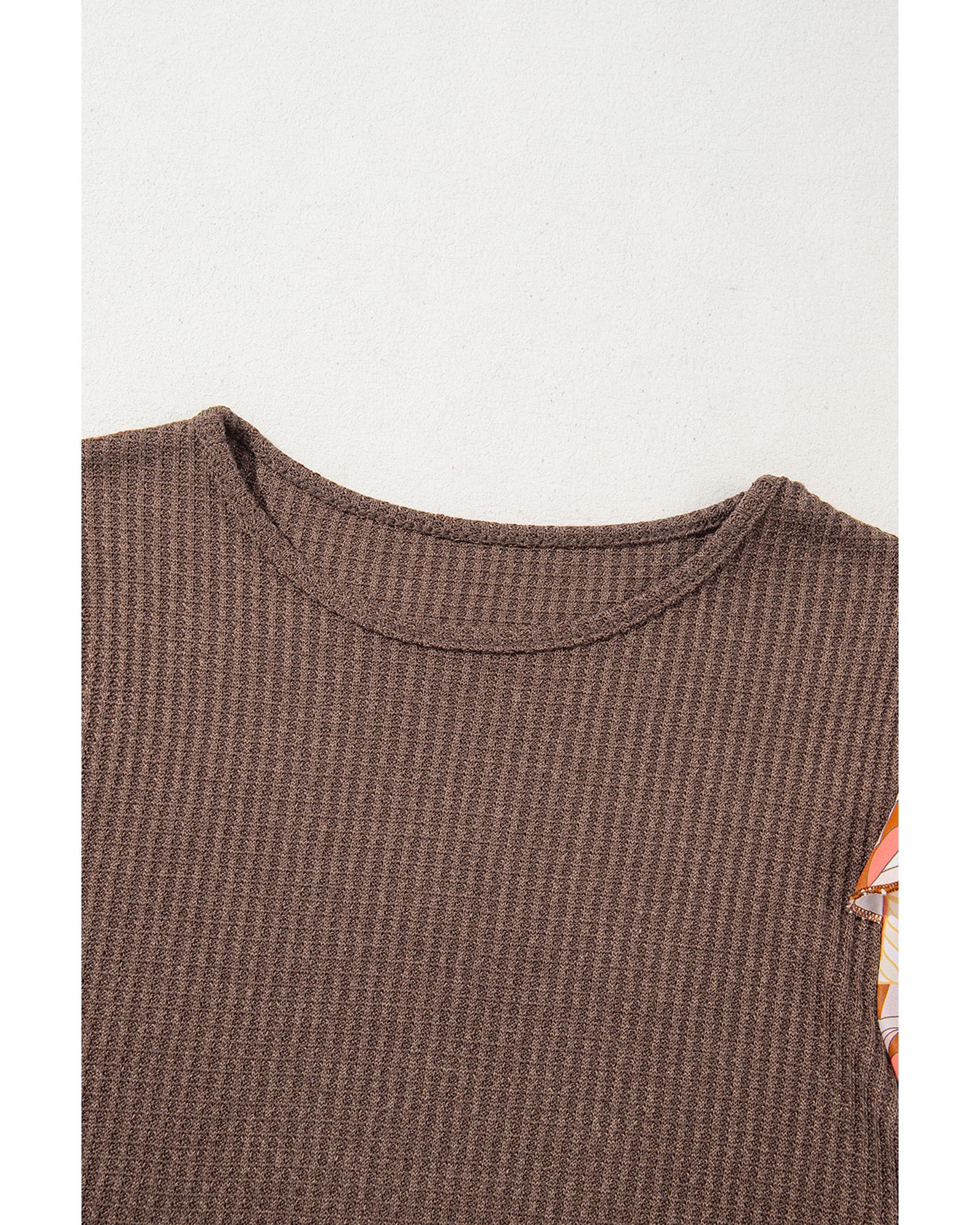 Coffee Ruffled Floral Sleeve Patchwork Waffle Knit O Neck Blouse - L