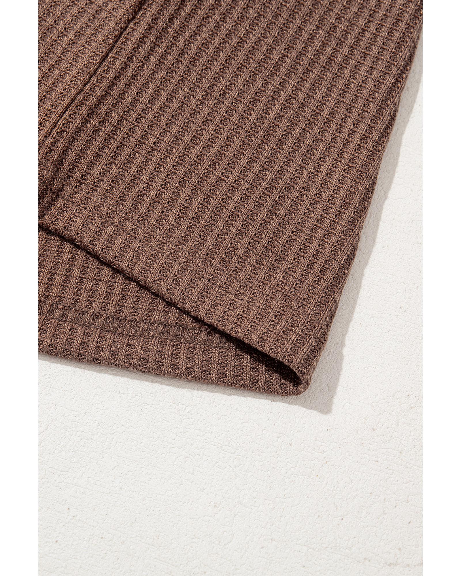 Coffee Ruffled Floral Sleeve Patchwork Waffle Knit O Neck Blouse - L