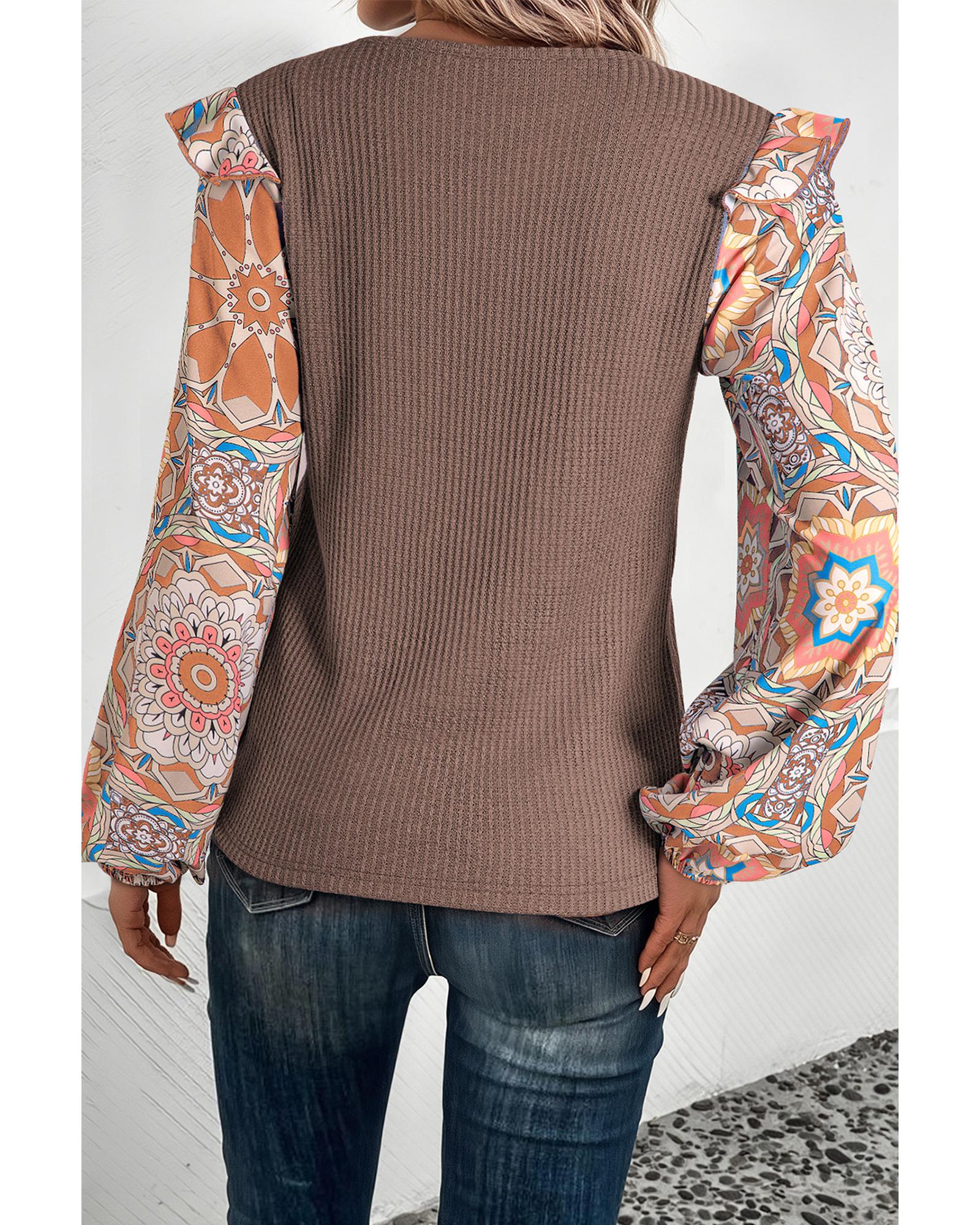 Coffee Ruffled Floral Sleeve Patchwork Waffle Knit O Neck Blouse - S