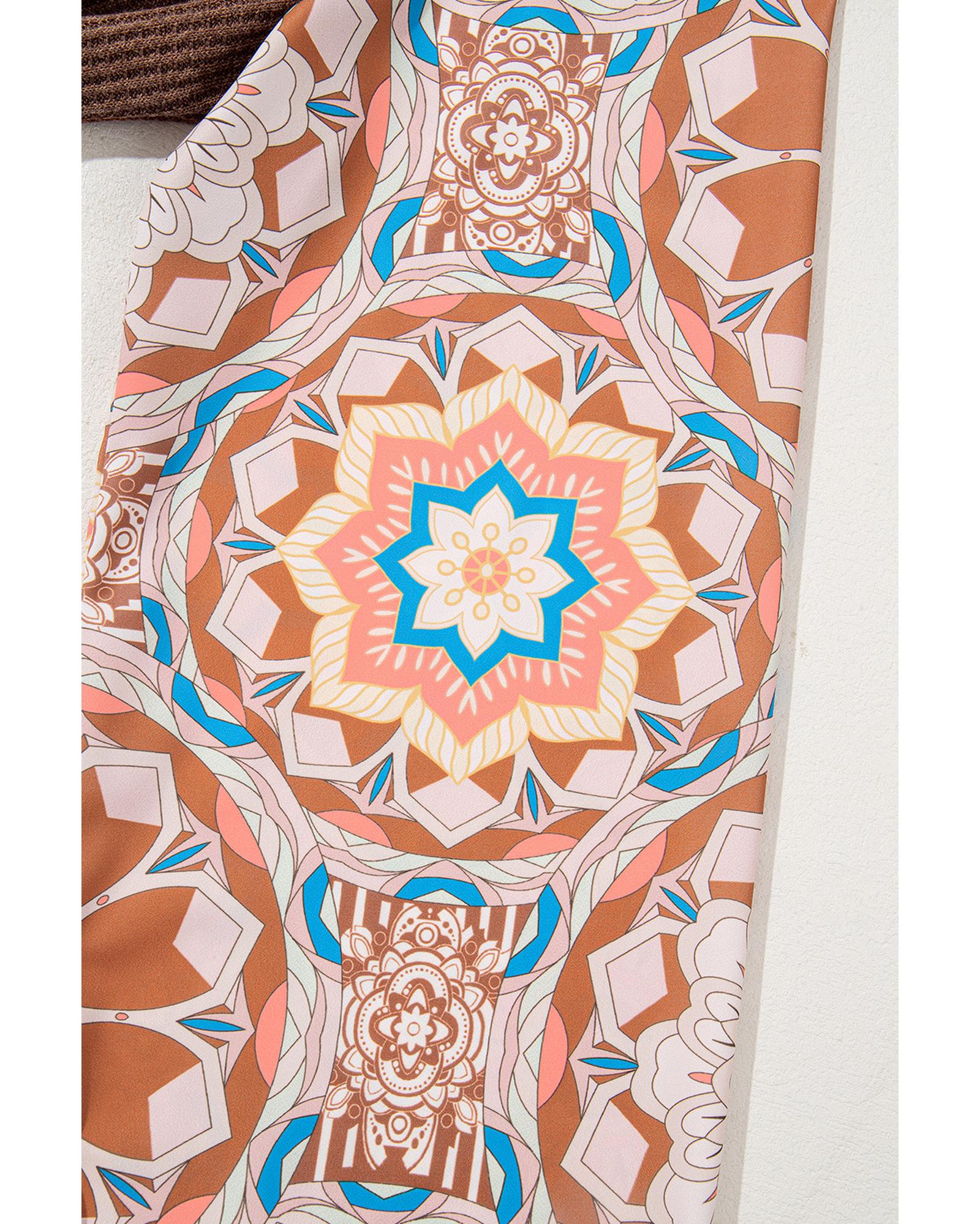 Coffee Ruffled Floral Sleeve Patchwork Waffle Knit O Neck Blouse - XL