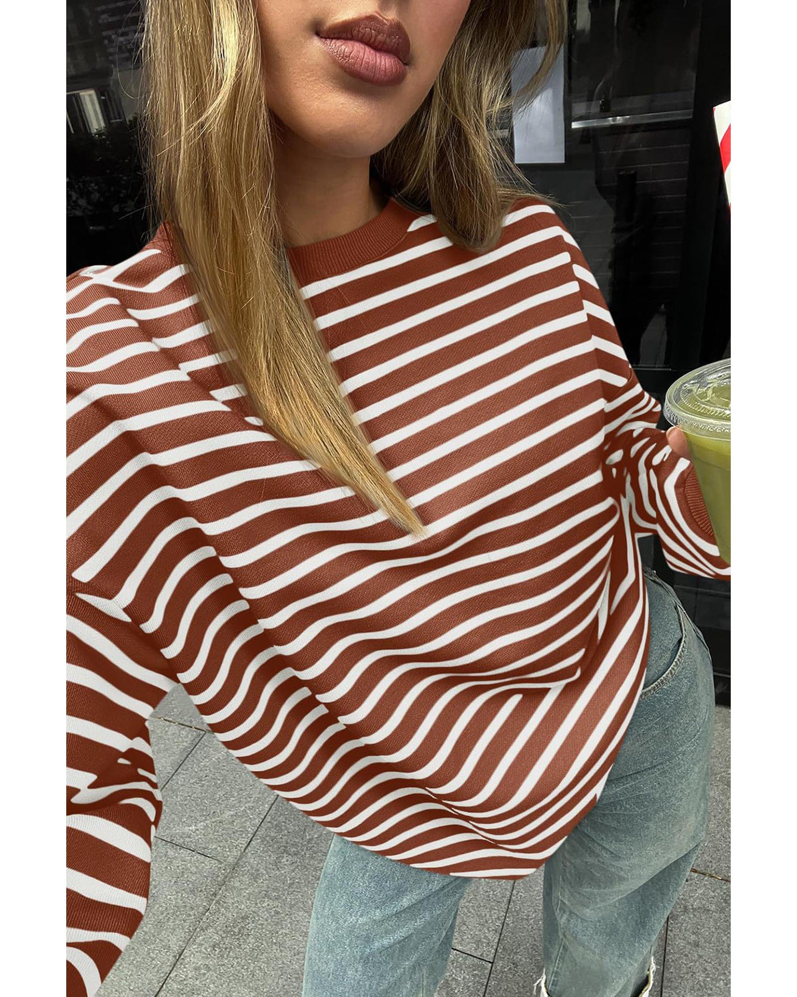 Coffee Striped Long Sleeve Round Neck Loose Top - L