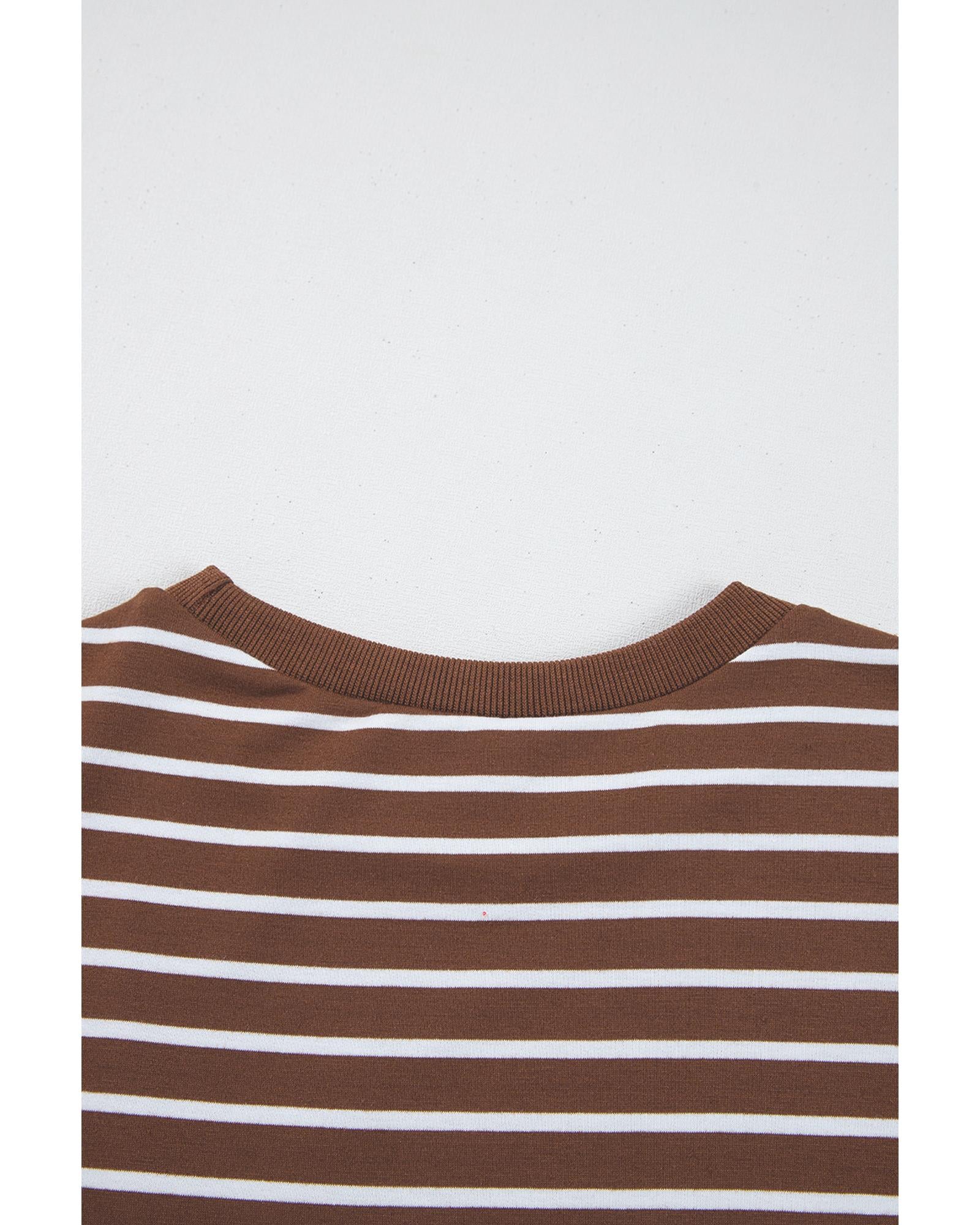 Coffee Striped Long Sleeve Round Neck Loose Top - S