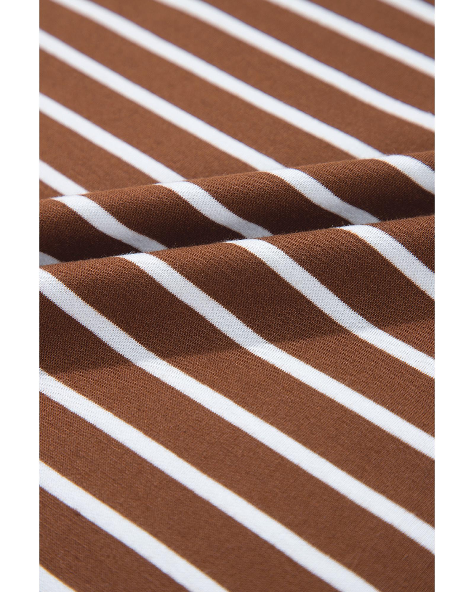 Coffee Striped Long Sleeve Round Neck Loose Top - S