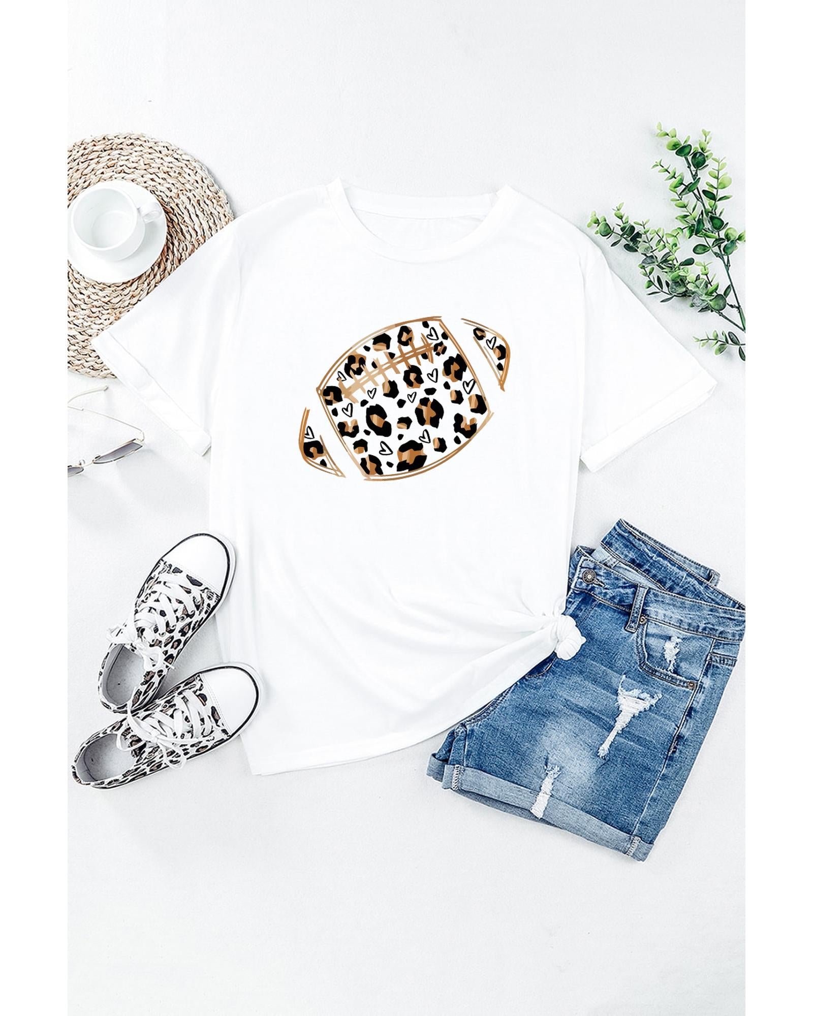 Azura Exchange White Leopard Heart Shape Rugby Print Short Sleeve T Shirt - 2XL