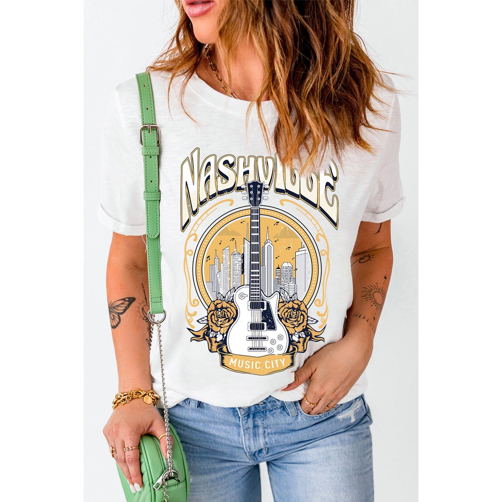 Azura Exchange Nashville Guitar Floral Print T-Shirt - M
