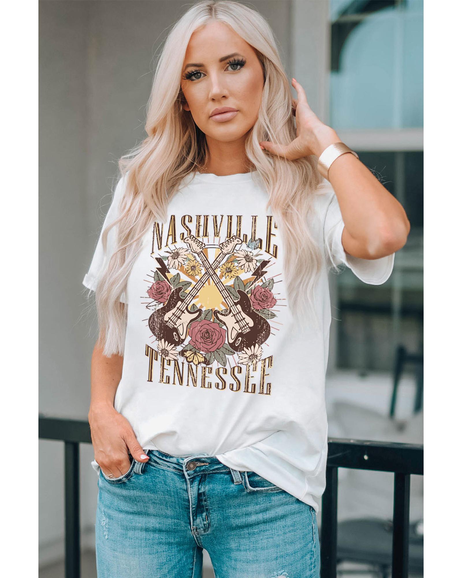 Azura Exchange White Nashville Tennessee Guitar Rose Graphic Crewneck Tee - 2XL