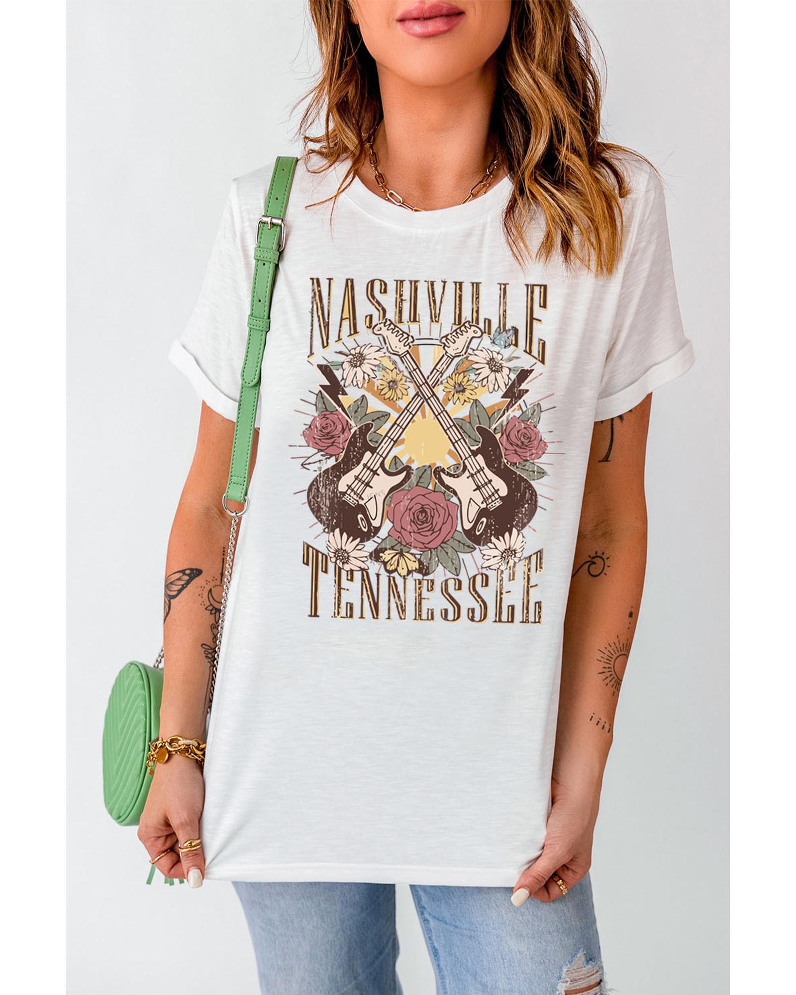Azura Exchange White Nashville Tennessee Guitar Rose Graphic Crewneck Tee - 2XL