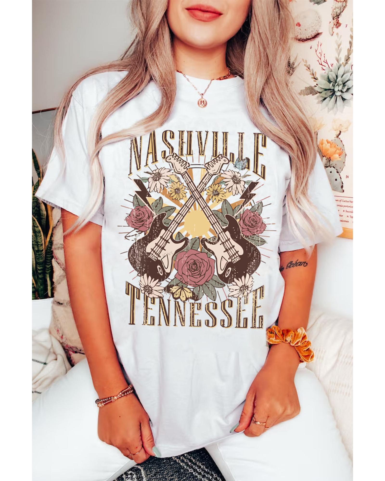 Azura Exchange White Nashville Tennessee Guitar Rose Graphic Crewneck Tee - M