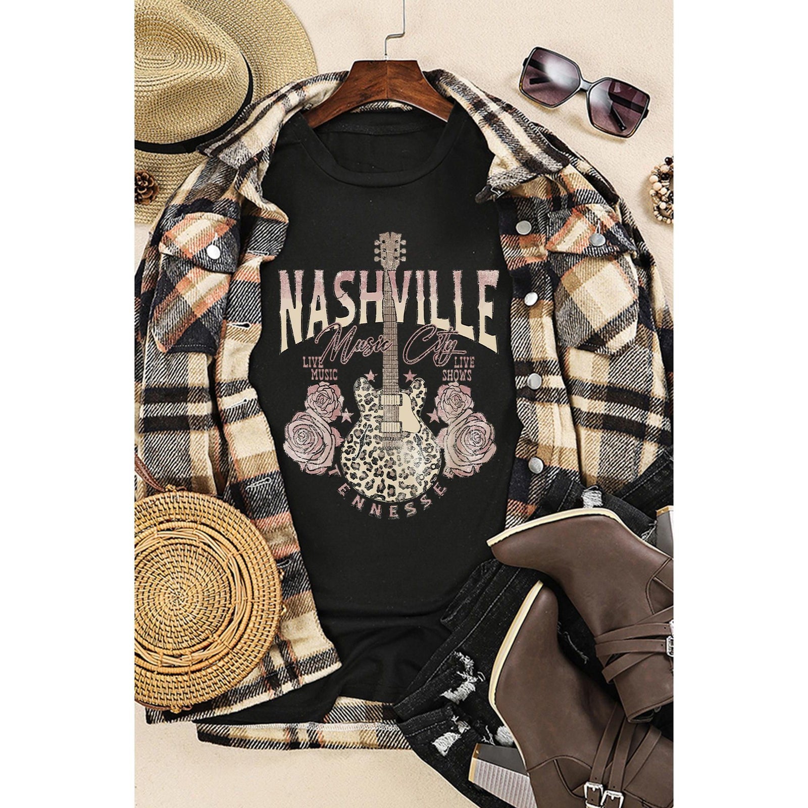 Azura Exchange Leopard Guitar Rose Print T-Shirt - M