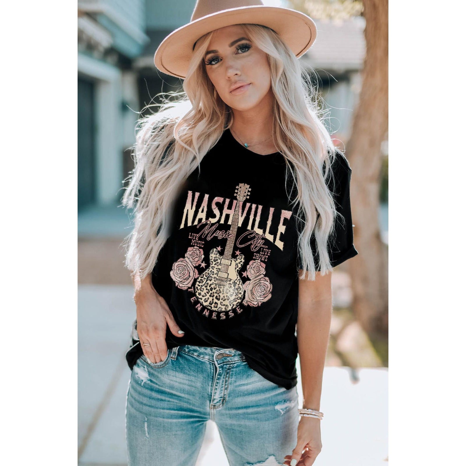 Azura Exchange Leopard Guitar Rose Print T-Shirt - XL