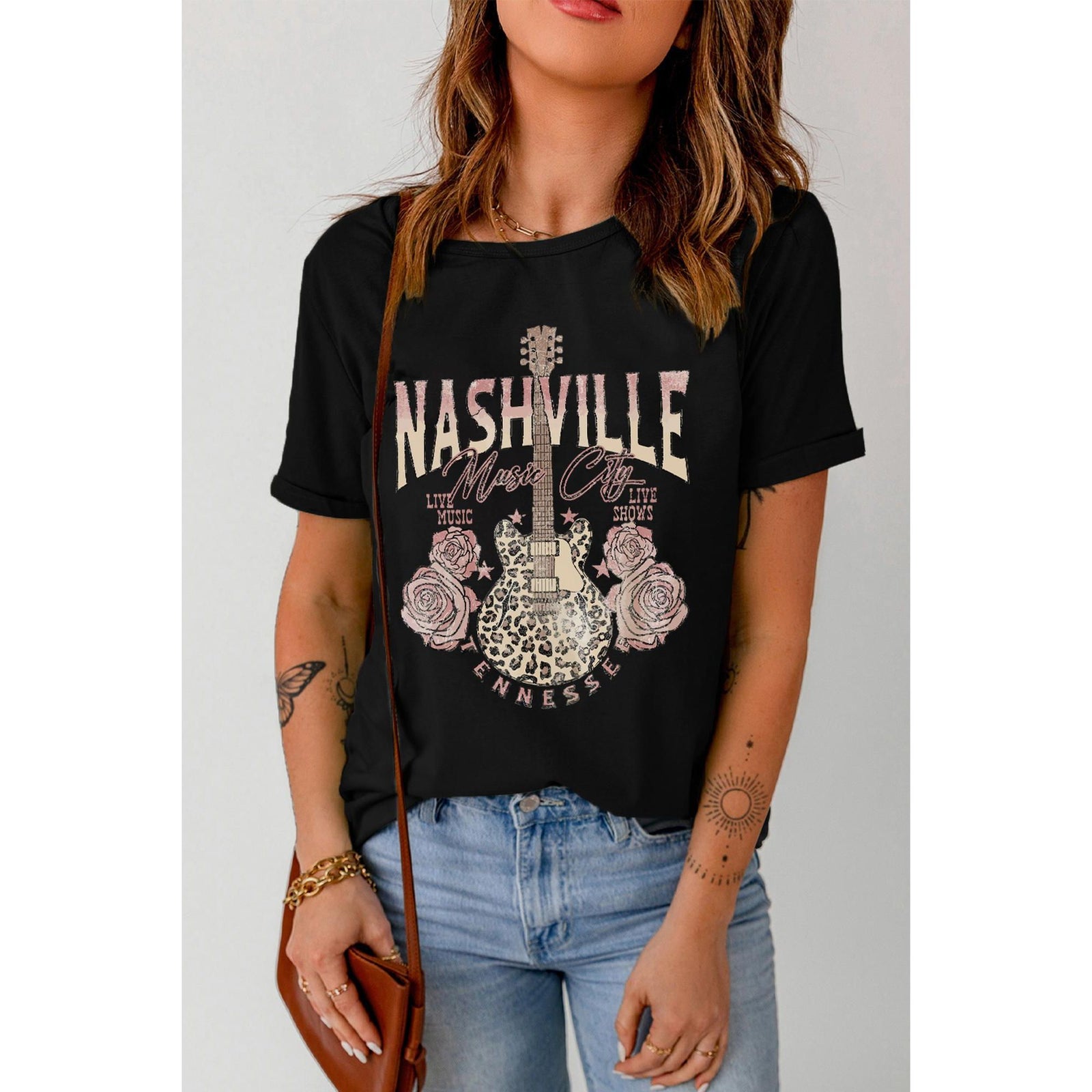 Azura Exchange Leopard Guitar Rose Print T-Shirt - XL